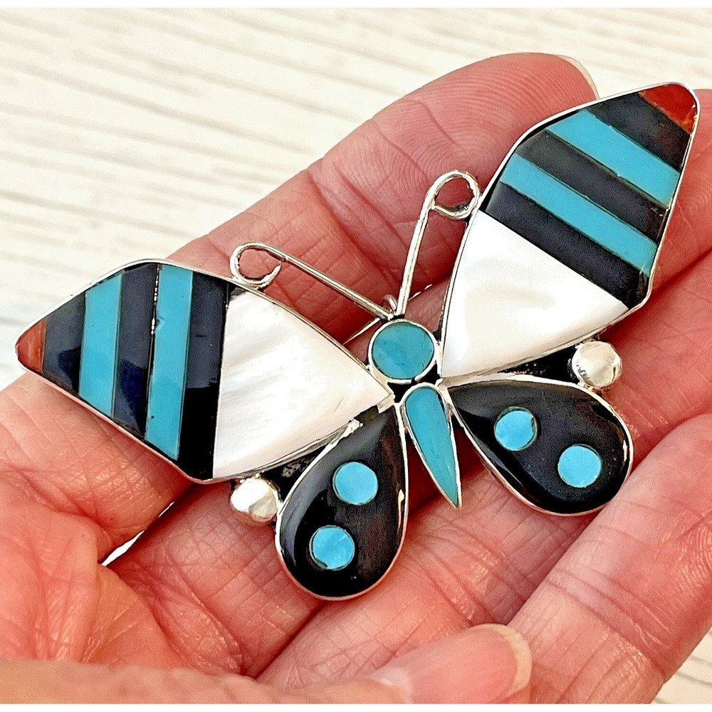 Zuni Butterfly Pendant Turquoise Inlay BIG Bug Brooch Sterling Signed Native
